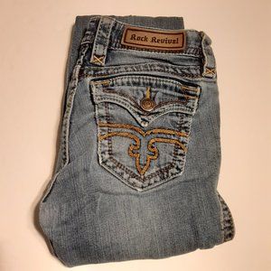 Rock Revival Women's Light Blue Boot Cut Jeans with Gold Stitching
